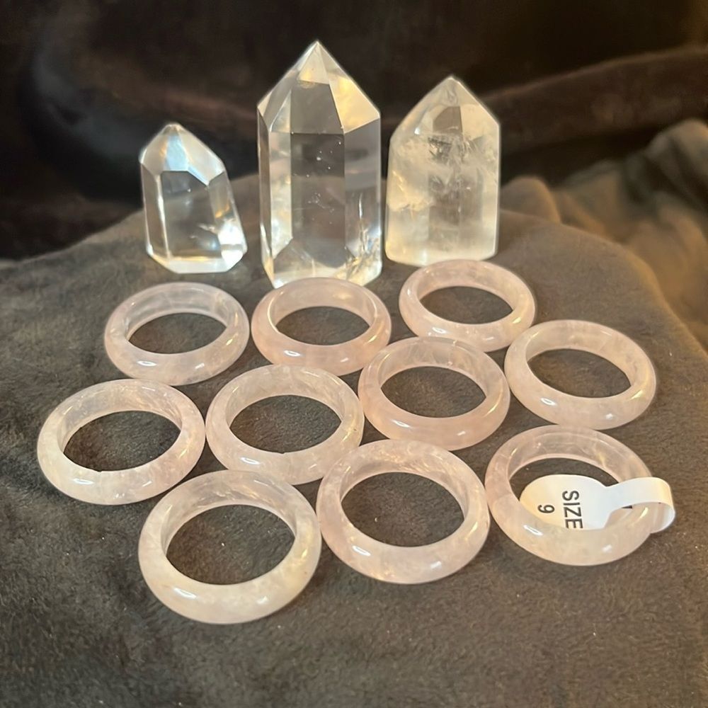 New Natural Solid Beautiful Hand Carved Rose Quartz Band Ring Size 9